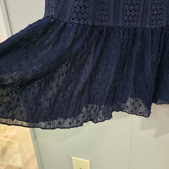 Chelsea28 Dress Lacy Sheath Midi Ruffle Hem Navy Blue Gauze Eyelet Size Large - Picture 7 of 10